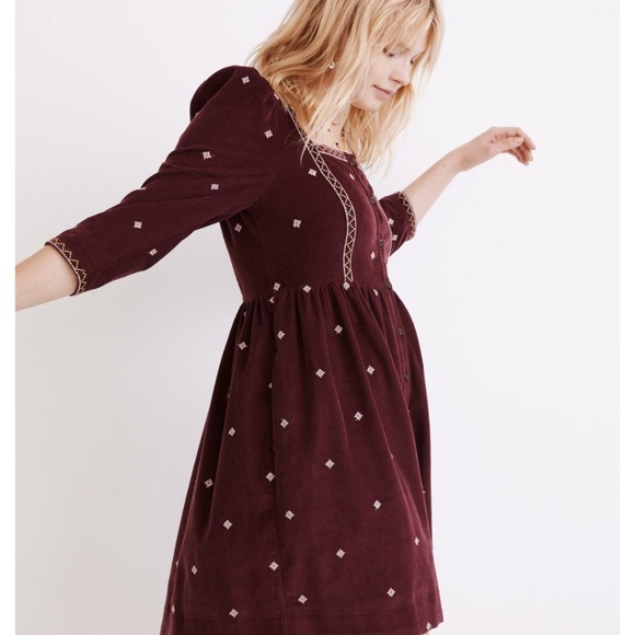 [NWOT] Madewell Embroidered Corduroy Button Front Mini Dress Dark Fig Dress - Picture 3 of 5